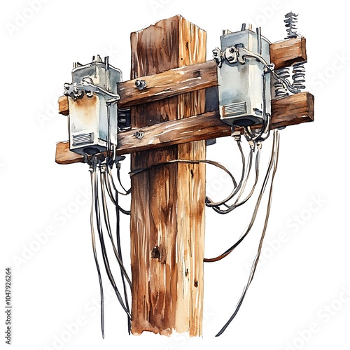 Watercolor illustration of a wooden power pole with electrical boxes and wires.