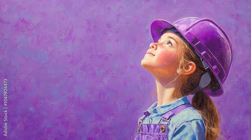Naklejka premium Young Girl in Purple Hard Hat Looking Upwards