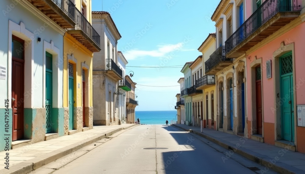 Charming coastal street with colorful buildings and clear blue sky Charming coastal street with colorful buildings and clear blue sky