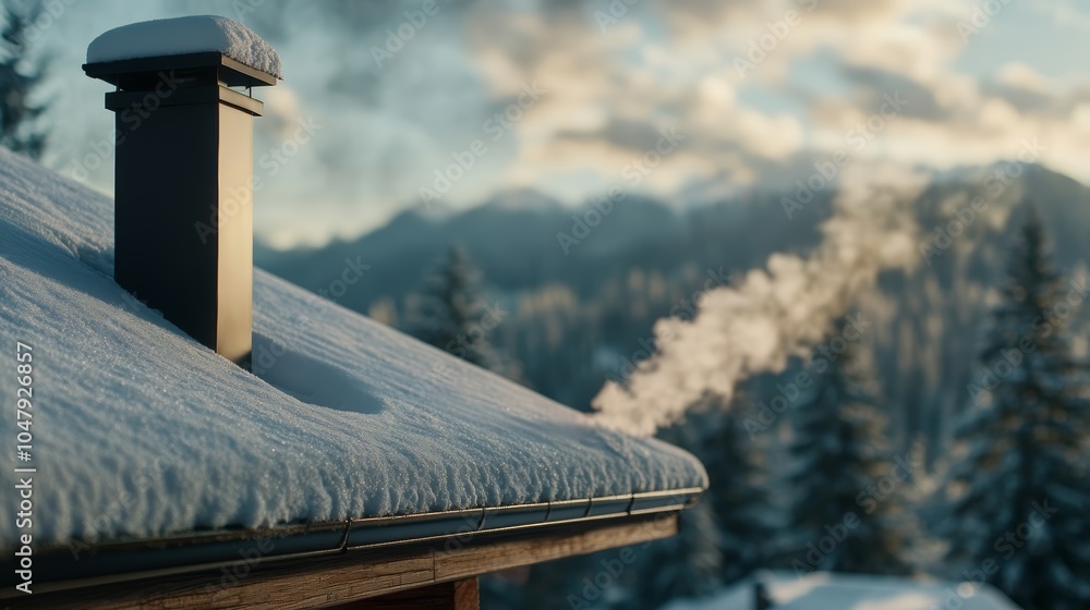 Fototapeta premium Serene winter scene, snowcovered roof with a blanket of fresh powder snowy