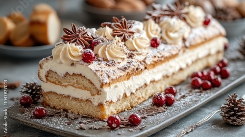 A festive Yule log cake, artistically designed with intricate frosting patterns and winter-themed decorations, sitting on a table with a holiday feast