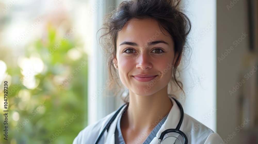 A close-up portrait of a female doctor smiling warmly at the camera, wearing a stethoscope and standing in front of a window with natural light A close-up portrait of a female doctor smiling warmly at the camera, wearing a stethoscope and standing in front of a window with natural light