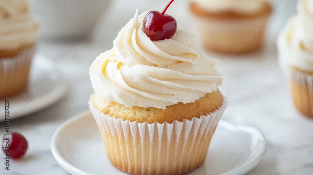 Fluffy Cupcake with Whipped Cream and Cherry Top Fluffy Cupcake with Whipped Cream and Cherry Top