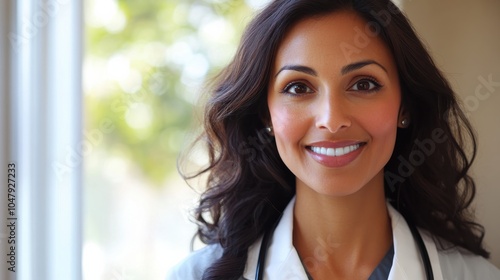 A close-up portrait of a female doctor smiling warmly at the camera, wearing a stethoscope and standing in front of a window with natural light