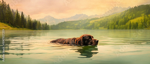 Leonberger Dog Swimming In Serene Lake Landscape photo