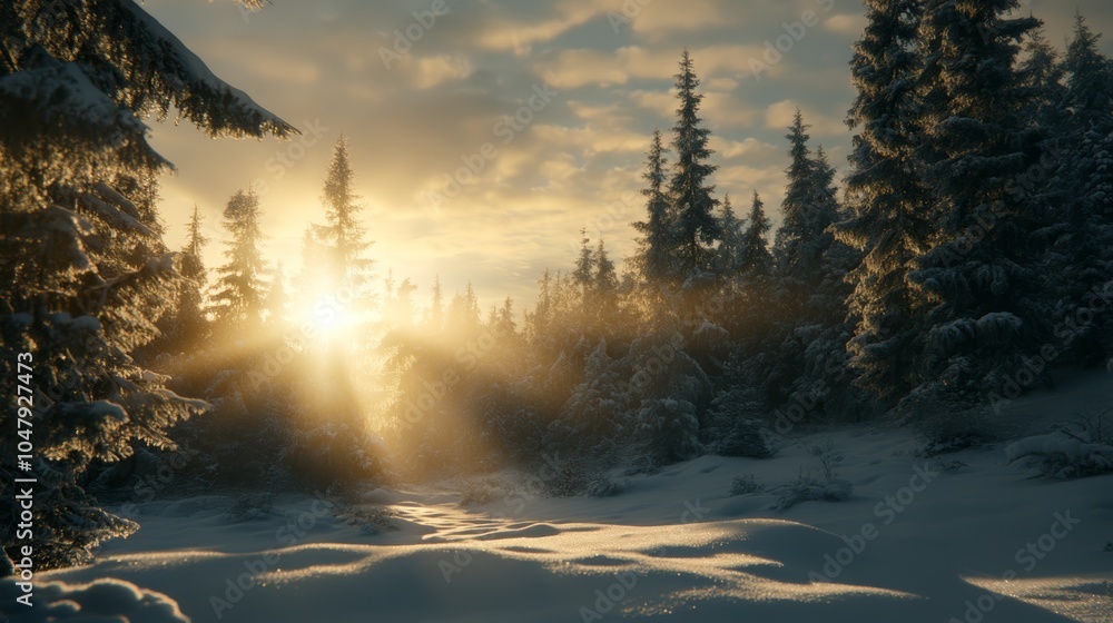 Golden sunlight illuminates a serene snowy forest in the heart of winter sunlight Golden sunlight illuminates a serene snowy forest in the heart of winter sunlight