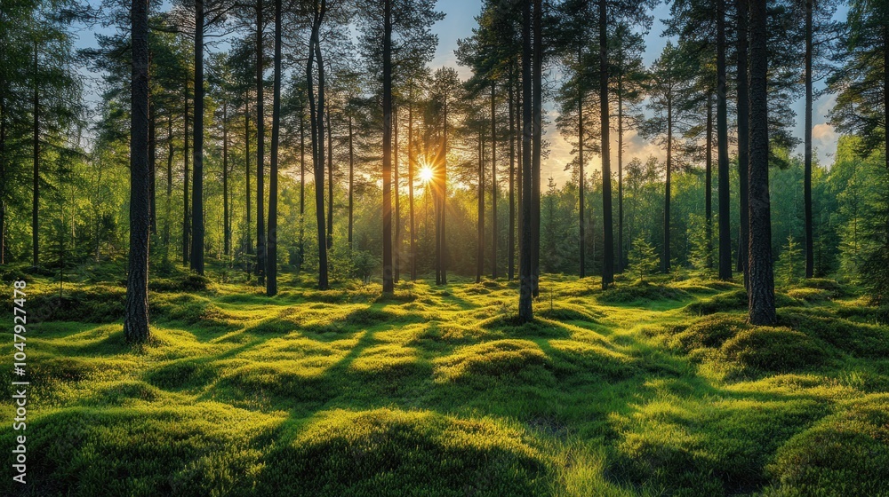 Fototapeta premium Serene forest landscape with sunlight filtering through trees.