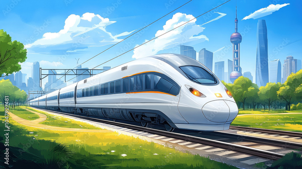 Fototapeta premium High speed trains, distant city buildings