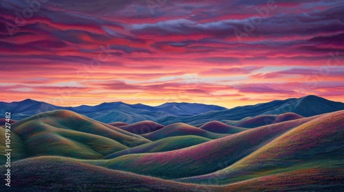 Vibrant Rolling Hills Under Dramatic Sunset Sky photo