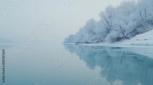 Purple winter wonderland, frozen river reflecting pastel skies amidst snowkissed trees photo