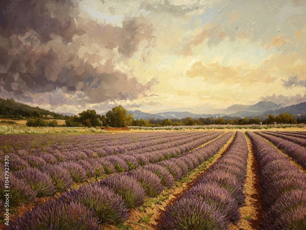 Lavender Fields Under a Dramatic Sky at Sunset Lavender Fields Under a Dramatic Sky at Sunset