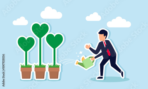 A businessman watering several heart plants, illustration of maintaining market engagement or customer loyalty