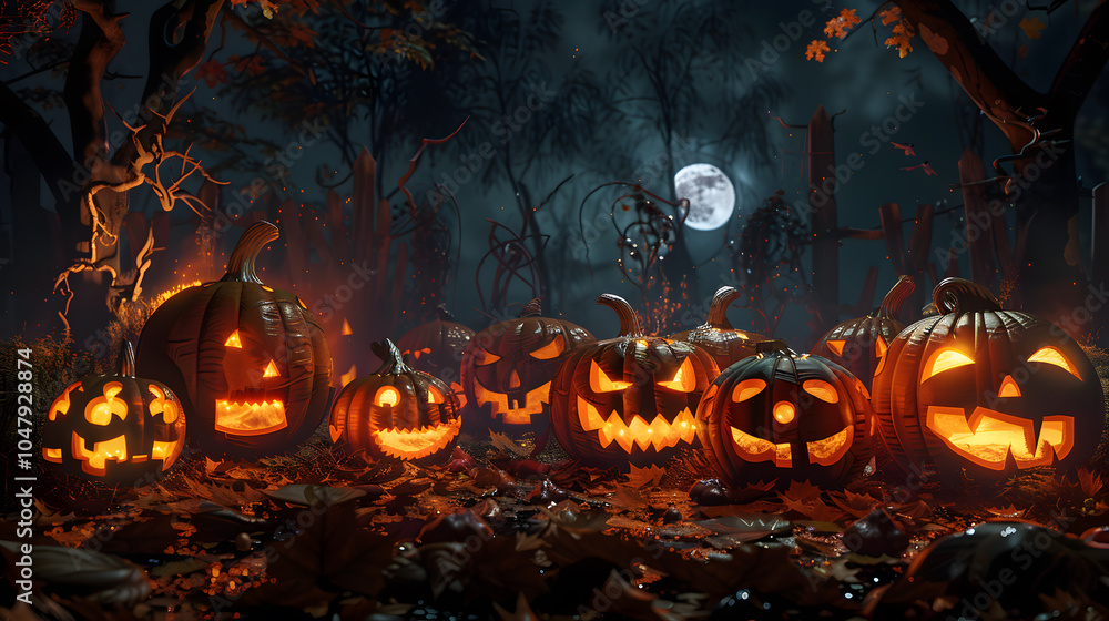 Halloween scene with glowing Jack-o'-lanterns, spooky shadows, and eerie full moon Halloween scene with glowing Jack-o'-lanterns, spooky shadows, and eerie full moon