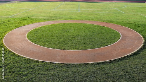 A red circular track for throwing events on a green grass field.