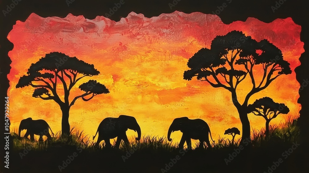 Fototapeta premium Majestic Sunset Over Savanna Silhouettes of Elephants