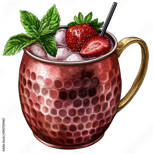 Illustrated Moscow Mule Cocktail, Copper Mug with Strawberries, Mint Leaves, and Ice
