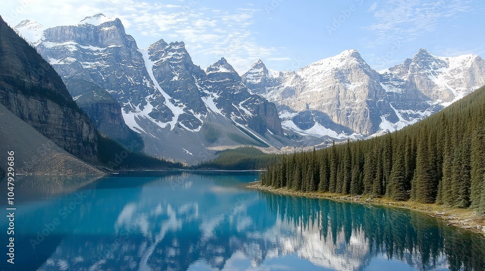 A scenic view of a mountain lake with snow-capped peaks reflecting in the water. A scenic view of a mountain lake with snow-capped peaks reflecting in the water.