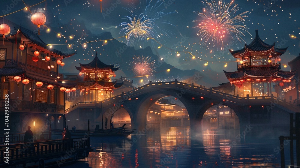 Fototapeta premium Festive Night Sky: Temples and Bridges Illuminated by Fireworks on New Year's Eve