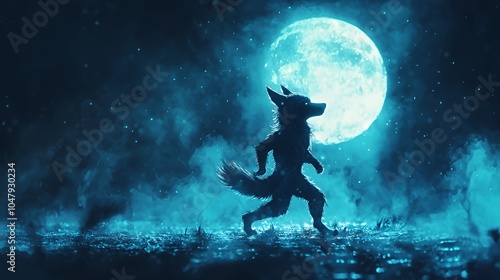 A lone wolf runs through a mystical landscape under a full moon, its silhouette illuminated by the ethereal glow.