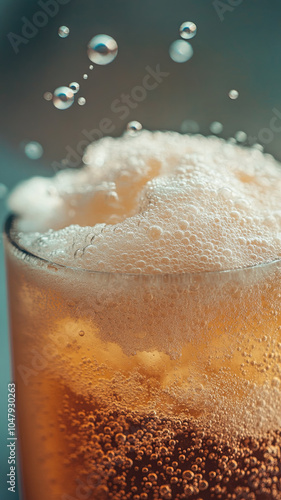 Frothy beverage with bubbles and refreshing appearance, showcasing close up of drink filled with carbonation and foam. Perfect for summer enjoyment