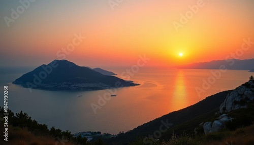  Sunset over tranquil waters a serene island and majestic mountains