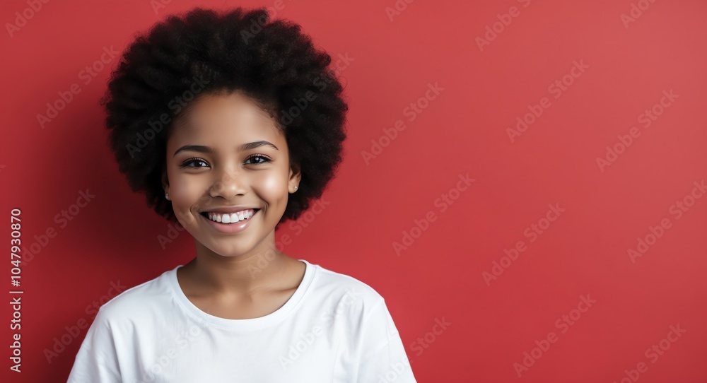 african teen girl red background wearing plain white tshirt smiling happy portrait african teen girl red background wearing plain white tshirt smiling happy portrait