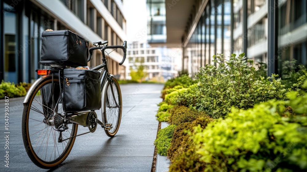 Black bicycle with two bags parked in a modern urban environment. Black bicycle with two bags parked in a modern urban environment.