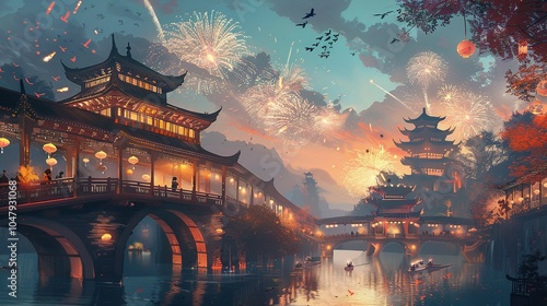 Cultural Celebration: Chinese Architecture and Fireworks Light Up the New Year's Eve Sky