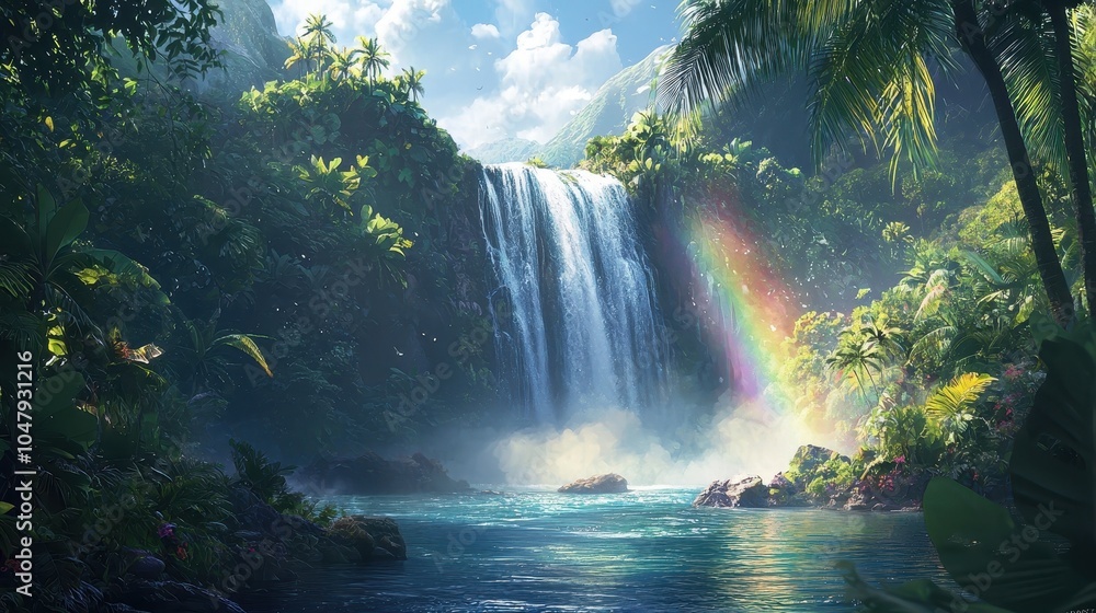Serene Tropical Waterfall in Lush Green Jungle Serene Tropical Waterfall in Lush Green Jungle