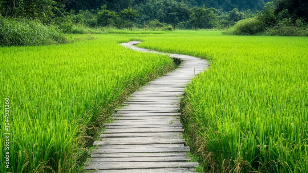 Serene Footpath Through Lush Green Paddy Fields Serene Footpath Through Lush Green Paddy Fields