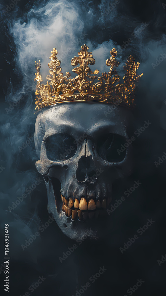 Skull adorned with a golden crown against a smoky backdrop Skull adorned with a golden crown against a smoky backdrop