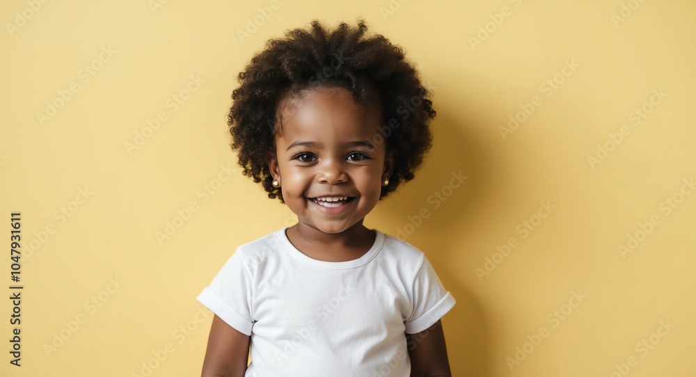 african toddler girl yellow background wearing plain white tshirt smiling happy portrait african toddler girl yellow background wearing plain white tshirt smiling happy portrait