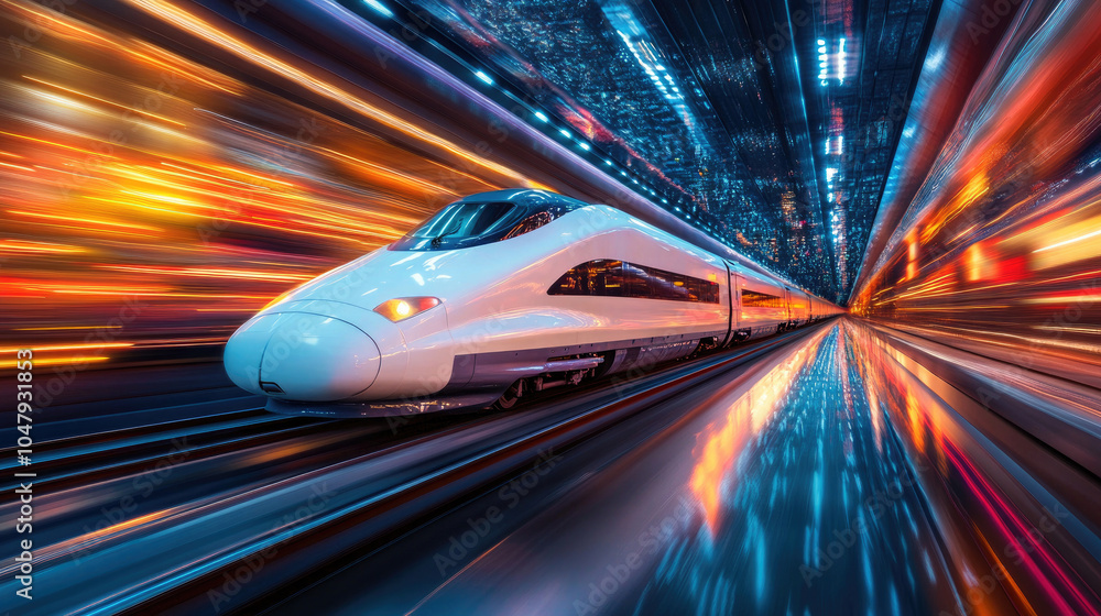 In the evening, a high-speed train travels between high-rise buildings in the city In the evening, a high-speed train travels between high-rise buildings in the city