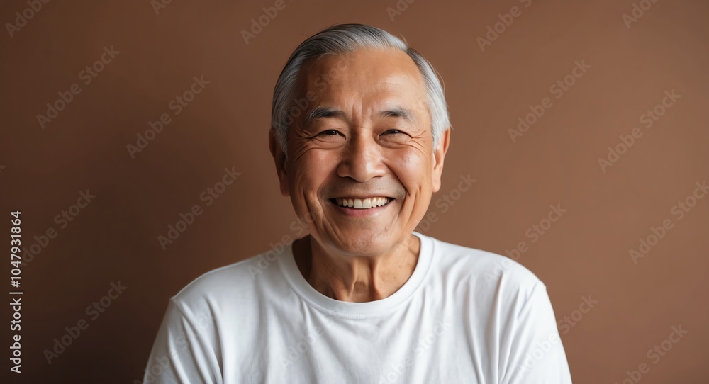 Obraz premium east asian elderly man brown background wearing plain white tshirt smiling happy portrait