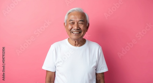 east asian elderly man pink background wearing plain white tshirt smiling happy portrait