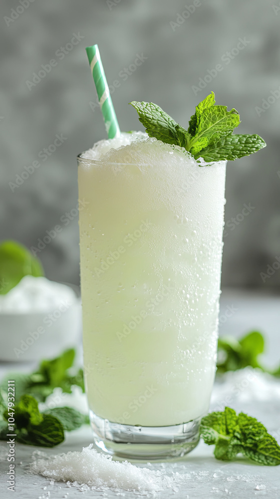 Refreshing cream soda with fresh mint leaves, served in tall glass with striped straw. drink is bubbly and frothy, perfect for hot day Refreshing cream soda with fresh mint leaves, served in tall glass with striped straw. drink is bubbly and frothy, perfect for hot day