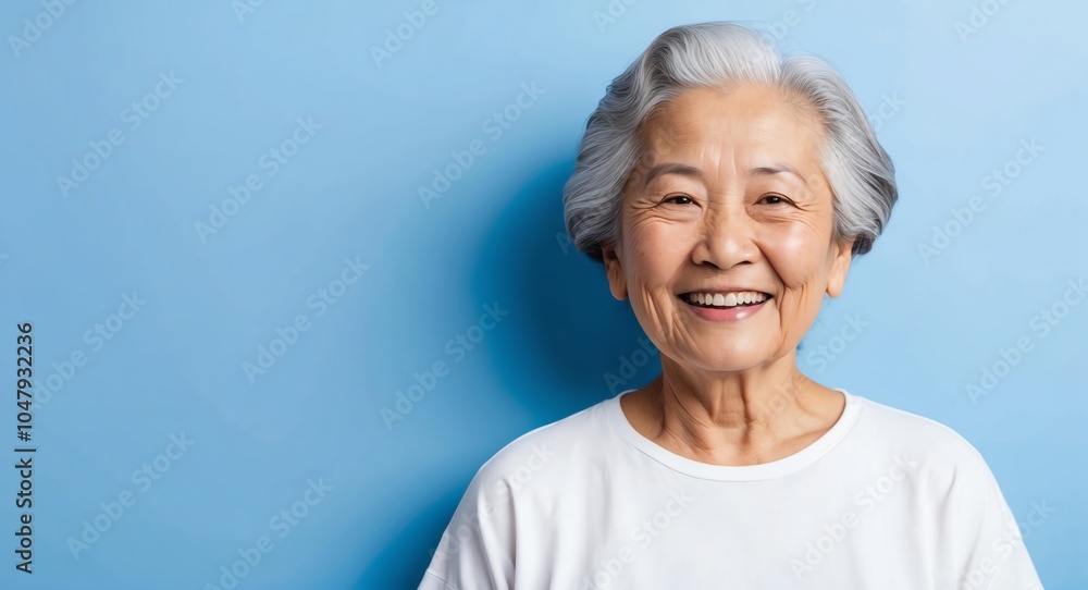 east asian elderly woman blue background wearing plain white tshirt smiling happy portrait east asian elderly woman blue background wearing plain white tshirt smiling happy portrait