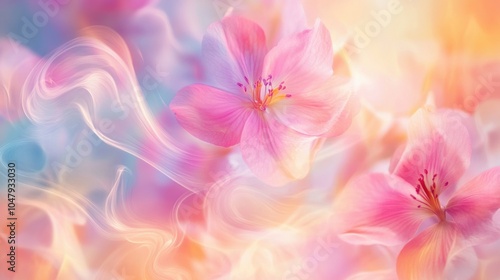 Abstract spring background with blooming flowers and soft swirling light effects in vibrant colors, isolated on white