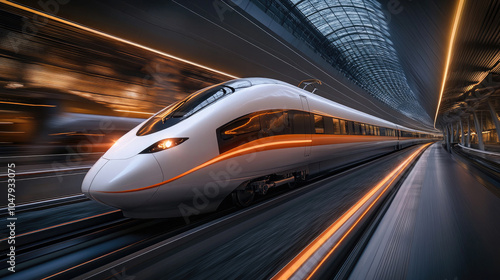 Wallpaper Mural In the evening, a high-speed train travels between high-rise buildings in the city Torontodigital.ca