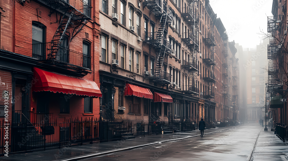 Fototapeta premium Empty New York City street at dawn with Victorian figure.