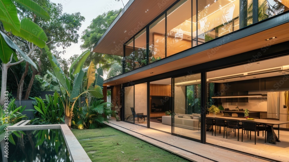 Obraz premium Modern Home with Pool and Lush Tropical Greenery