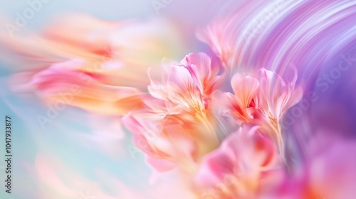 Abstract spring background with vibrant flowers and soft pastel light trails, creating a fresh, blossoming atmosphere, isolated on white