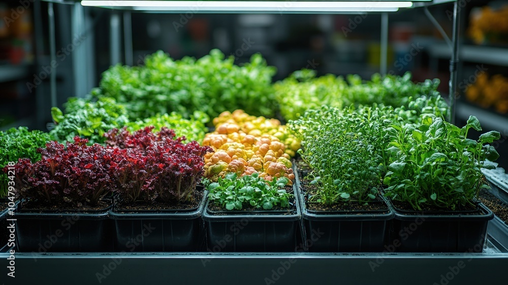 Fresh herbs and vegetables growing in trays under artificial light. Fresh herbs and vegetables growing in trays under artificial light.