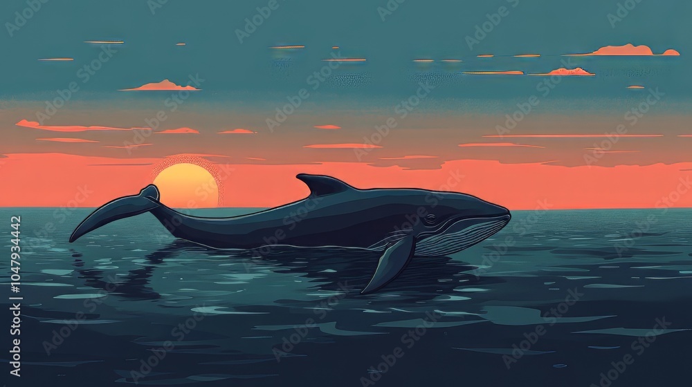 Fototapeta premium Whale cruising through calm seas at dusk Adobe Illustrator