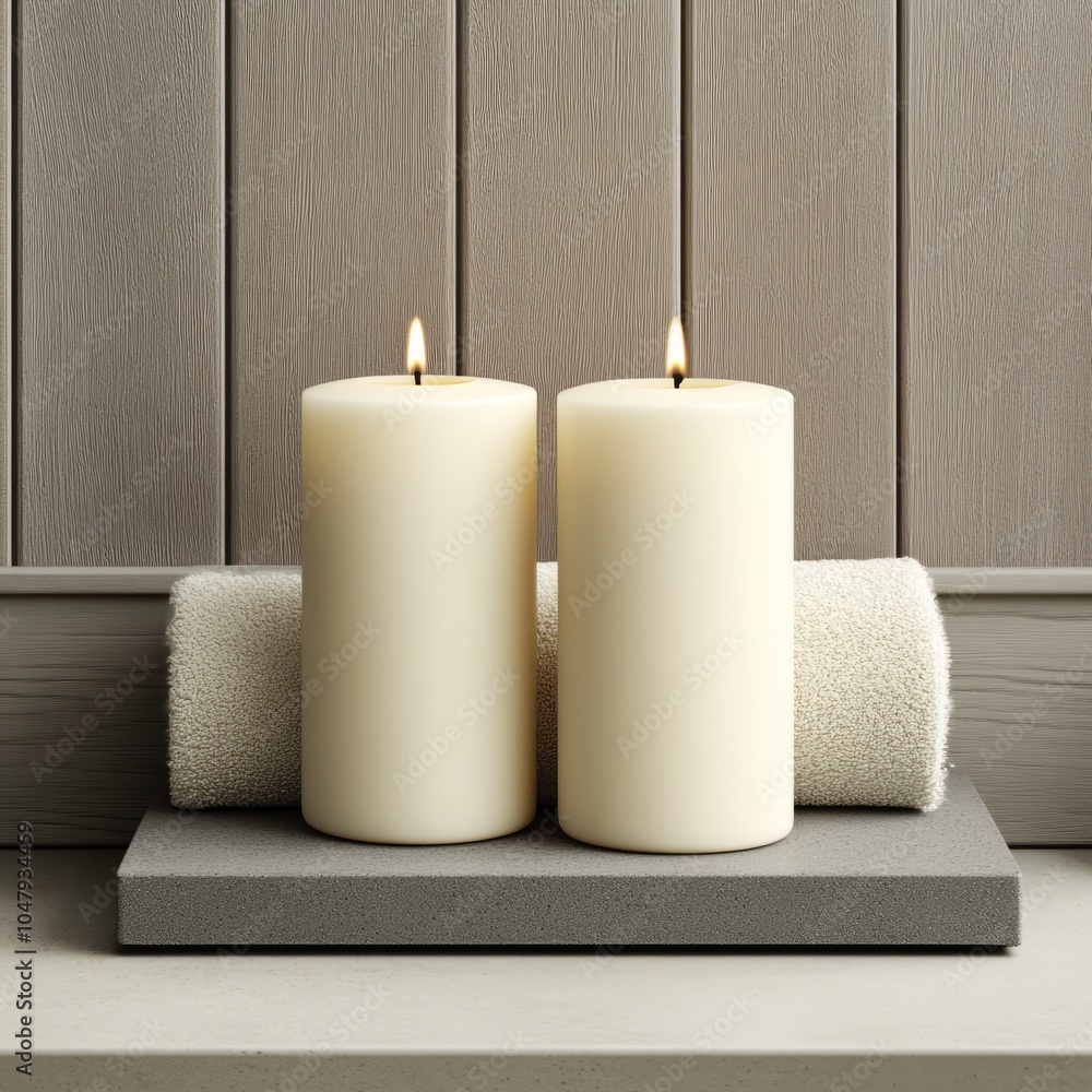 Two lit candles on a minimalist tray with a rolled towel. Two lit candles on a minimalist tray with a rolled towel.