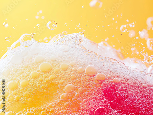 Refreshing cream soda with foam bubbles against vibrant yellow background, capturing essence of fizzy drink. lively colors and textures evoke sense of joy and thirst quenching delight