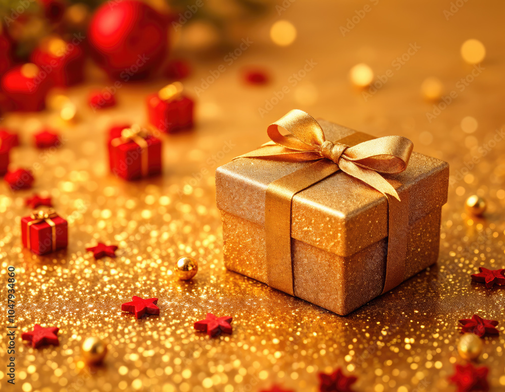 Luxurious Gift Box with Gold Ribbon on Glittering Background Luxurious Gift Box with Gold Ribbon on Glittering Background