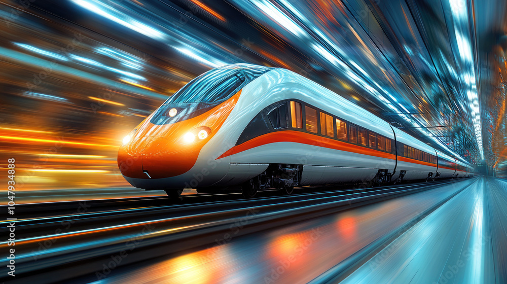 In the evening, a high-speed train travels between high-rise buildings in the city In the evening, a high-speed train travels between high-rise buildings in the city