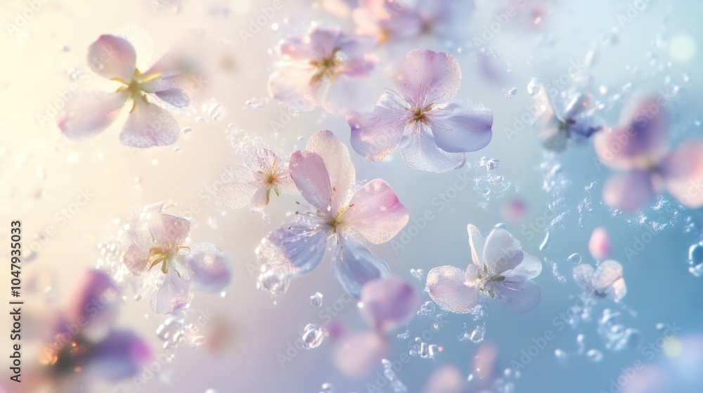 Abstract spring scene with floating flowers and soft glowing sunlight, creating a fresh spring vibe, isolated on white Abstract spring scene with floating flowers and soft glowing sunlight, creating a fresh spring vibe, isolated on white