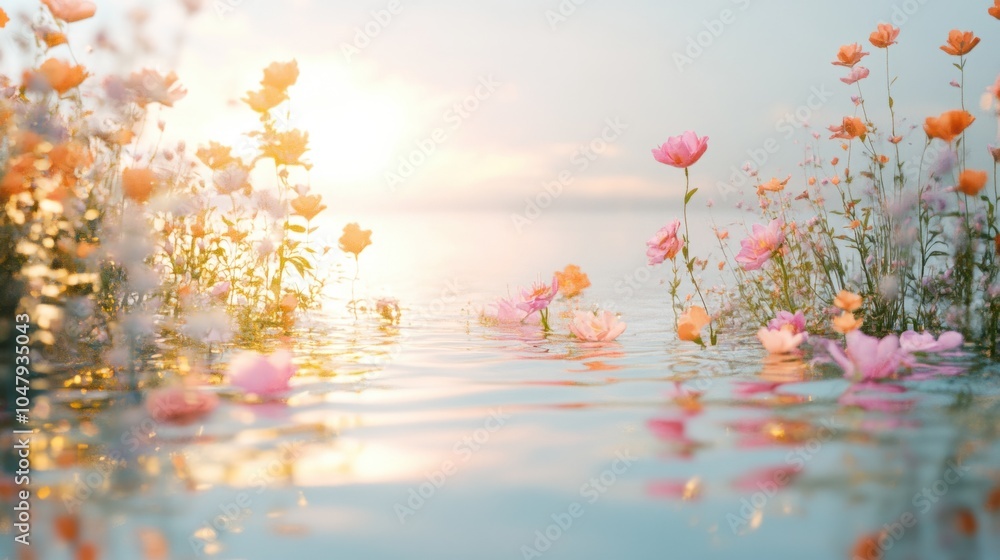Abstract spring scene with floating flowers and soft glowing sunlight, creating a fresh spring vibe, isolated on white Abstract spring scene with floating flowers and soft glowing sunlight, creating a fresh spring vibe, isolated on white